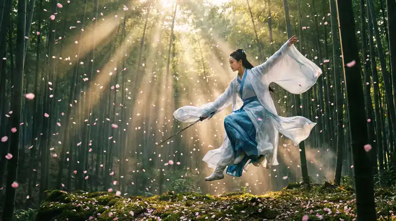 国产精彩影片预告片画面，竹林中女侠飞身舞剑